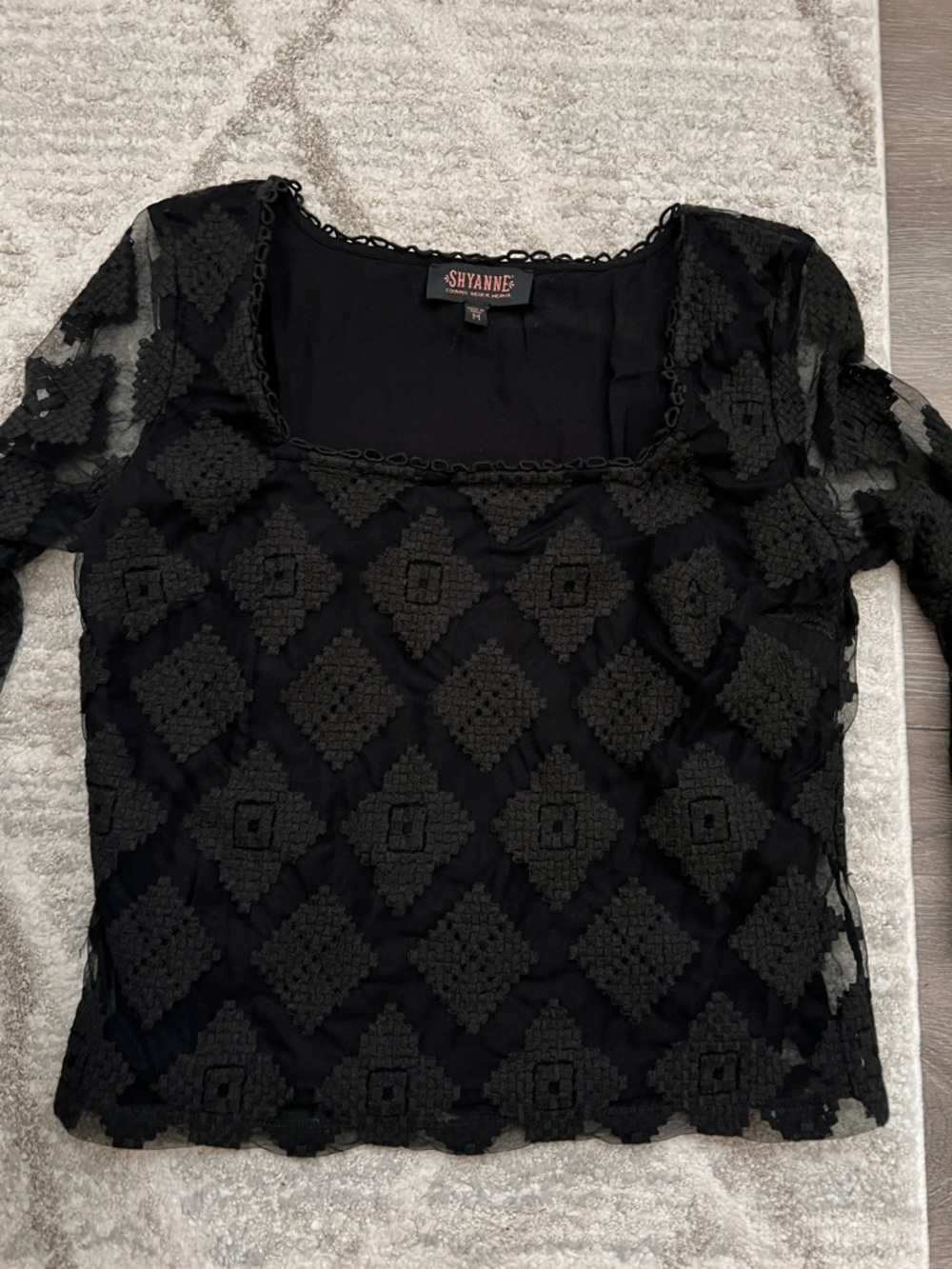 Shyanne Black Geometric Lace Square Neck Blouse